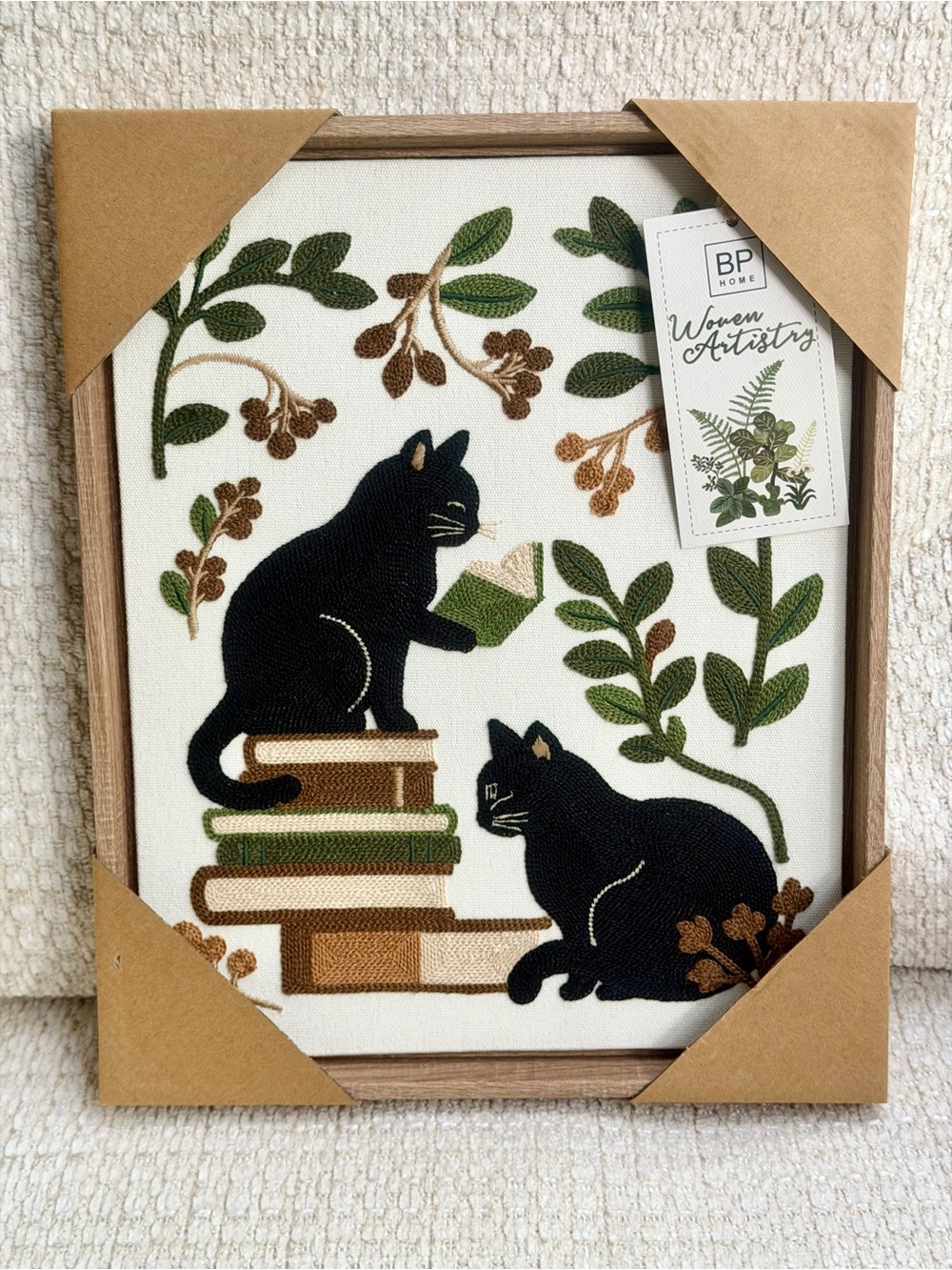 BP Home Black Cats Books Plants Woven Wall Art Botanical Bookish Decor 15x12 NWT